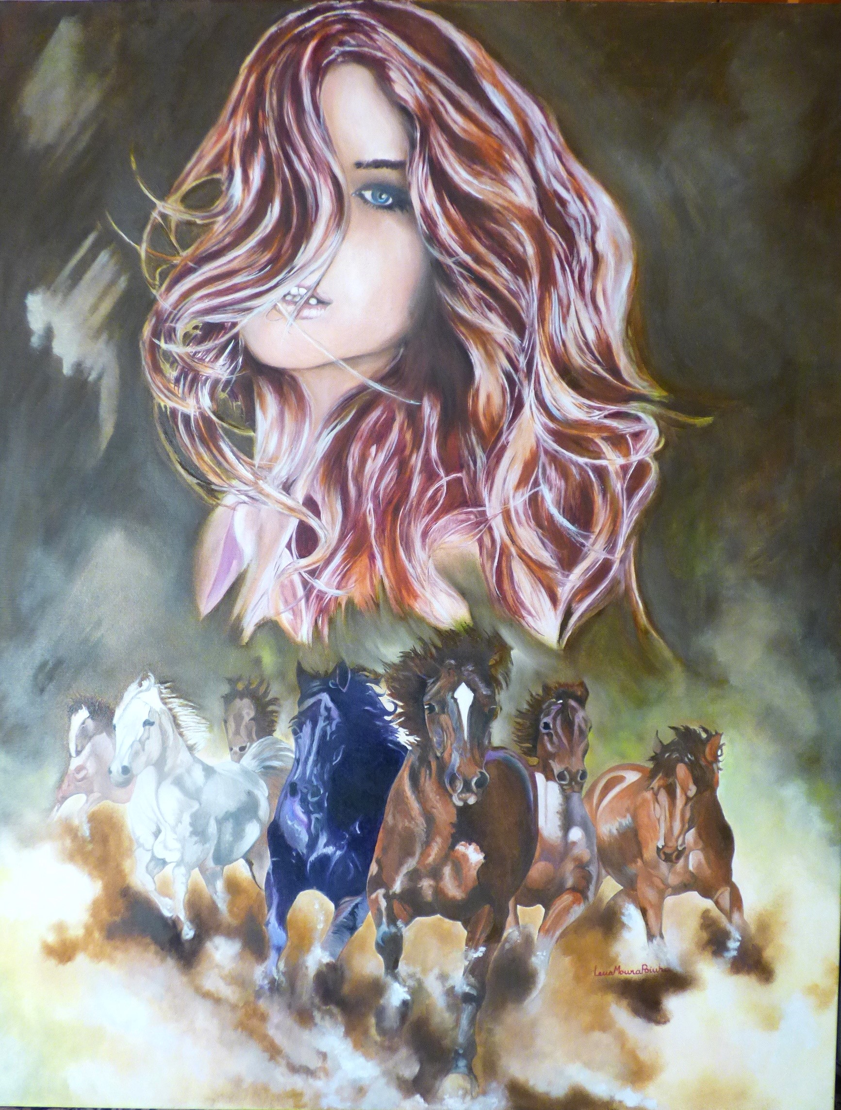 Lady And The Horses 90x50cms